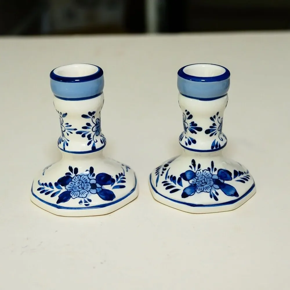 Holland Hand Painted Candle Stick Holders candlestick White Blue Floral